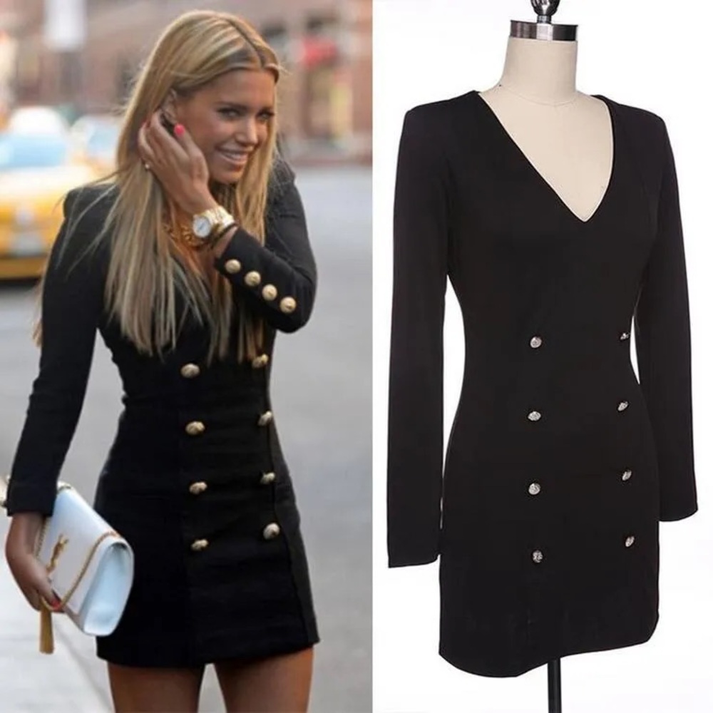 Black V-Neck Pencil dress with  jaguar 🐆 buttons.